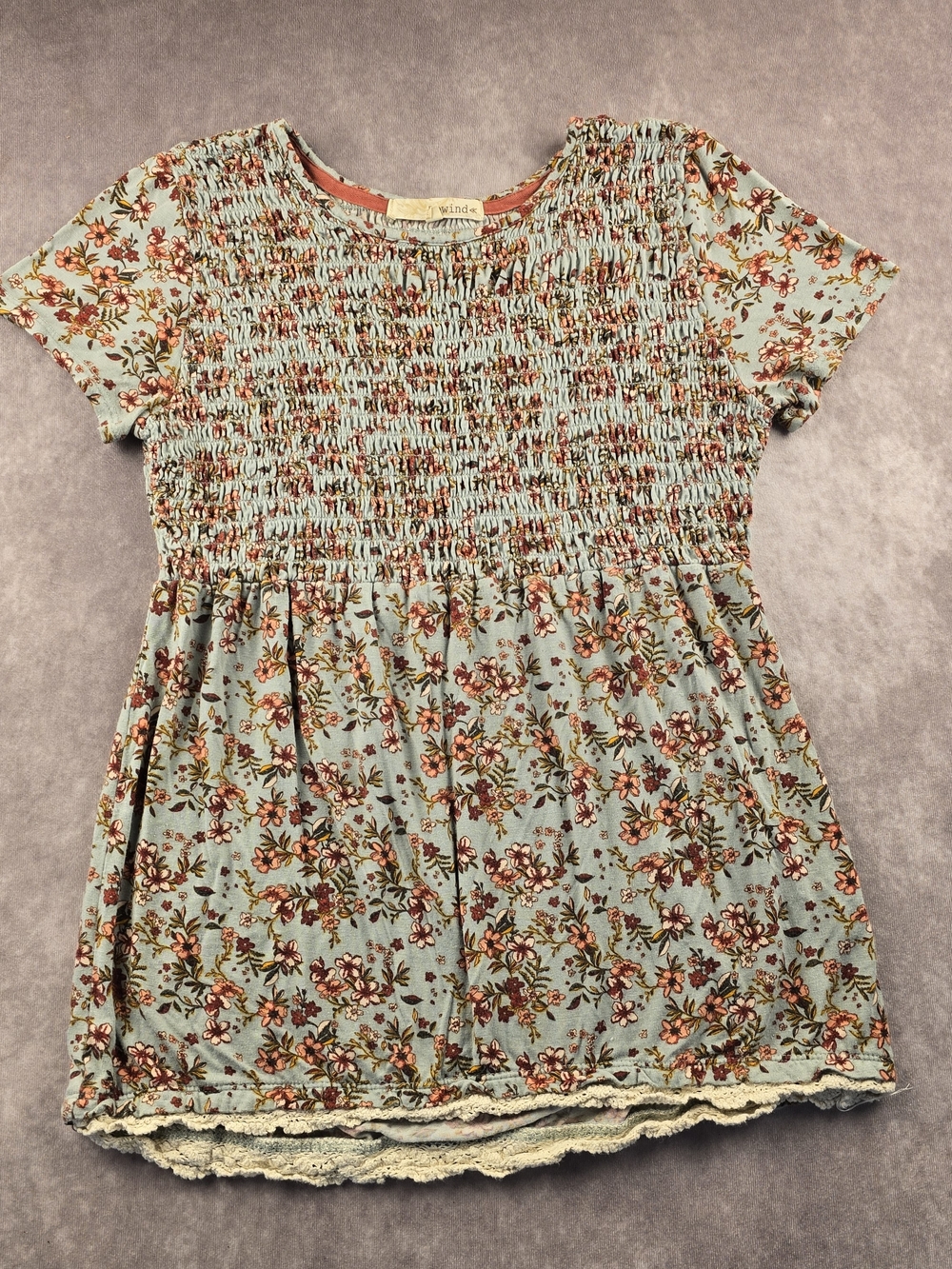 Rewind Floral Smocked Babydoll Top Women’s XS Sage Blue Boho